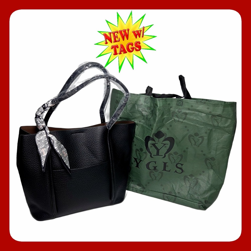 YGLS Pebbled Vegan Leather Tote Bag Black Large Scarf Accent Shoulder Handbag